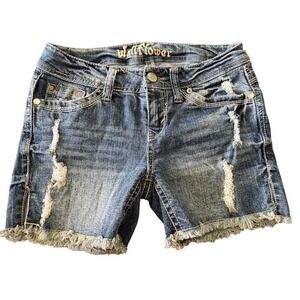 WallFlower Womens Distressed Denim Shorts Medium Wash Frayed Hem Size 7